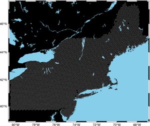 The map that shows North-Eastern part of the US and the sampling grid as a points on map.