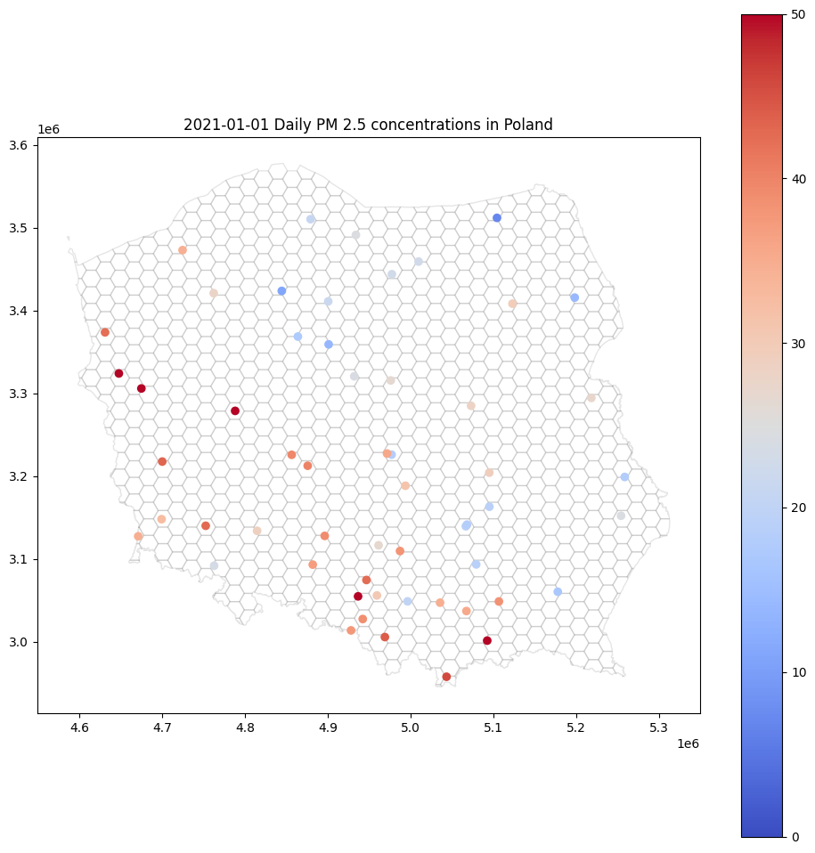 The map of PM 2.5 daily concentrations in Poland.