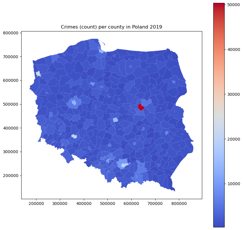 Crimes per county in Poland. Choropleth map representation. Image shows that counts may be misleading because only the capital seems to be a dangerous place.