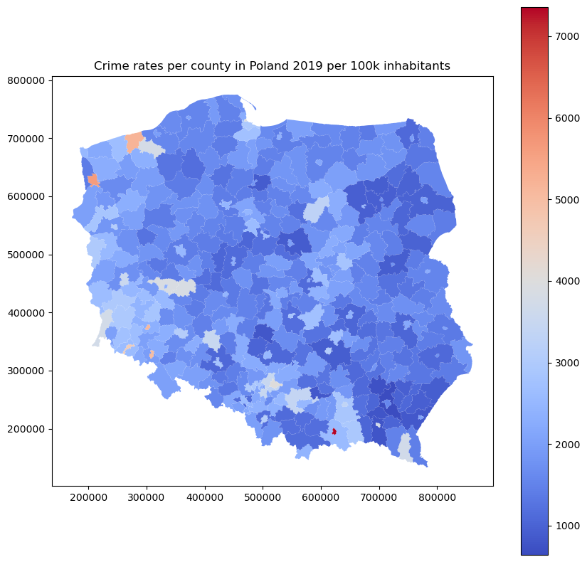 The rates map that shows different patterns than the counts map. Now the capital is not highlighted anymore, and the new risk areas have appeared near Rzeszow, Jelenia Gora, Walbrzych, Szczecin and in the Slaskie Voivodship.