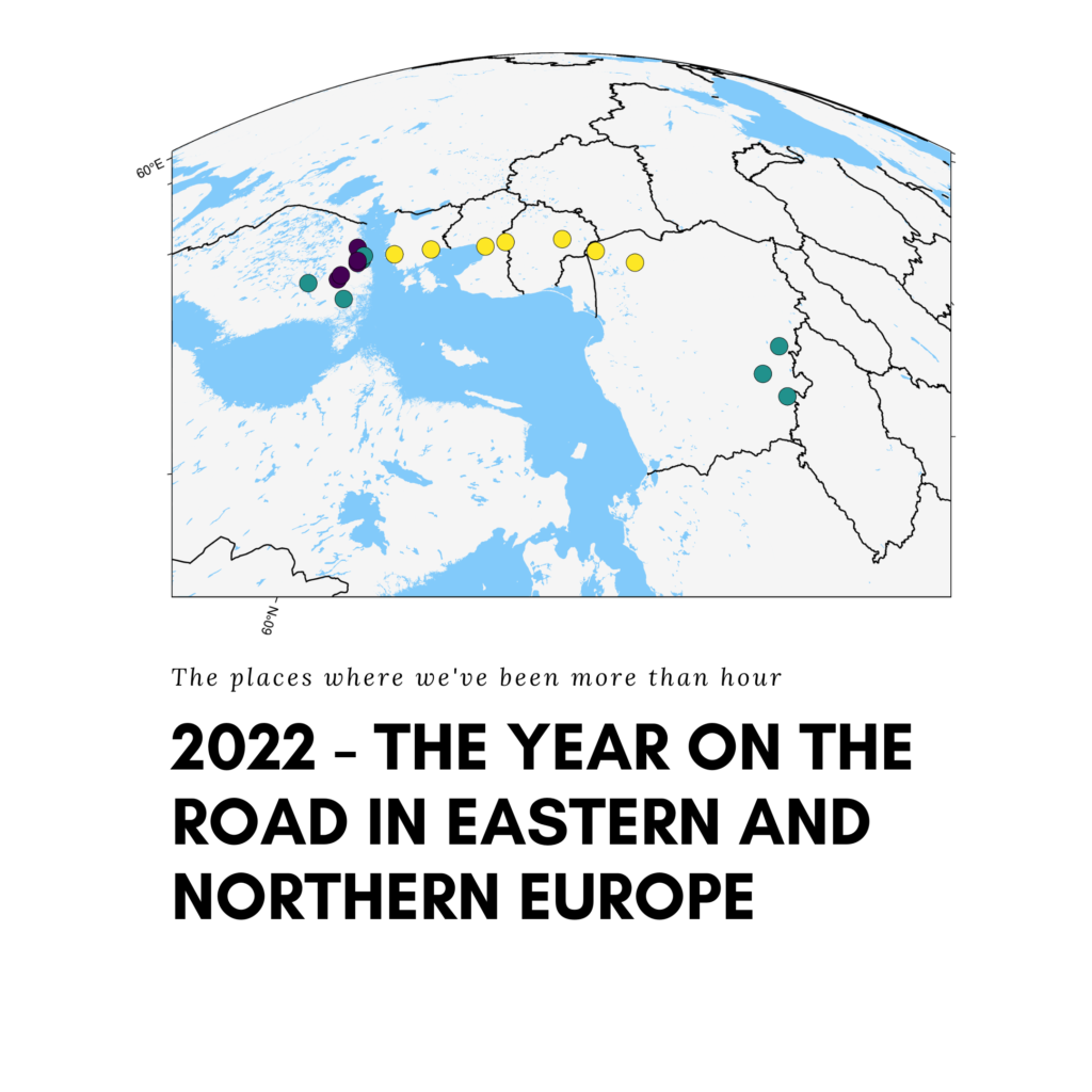 The spherical projections on Earth with Eastern and Northern Europe. Map shows countries boundaries and points where author spent more than one hour (mostly places where he lived).