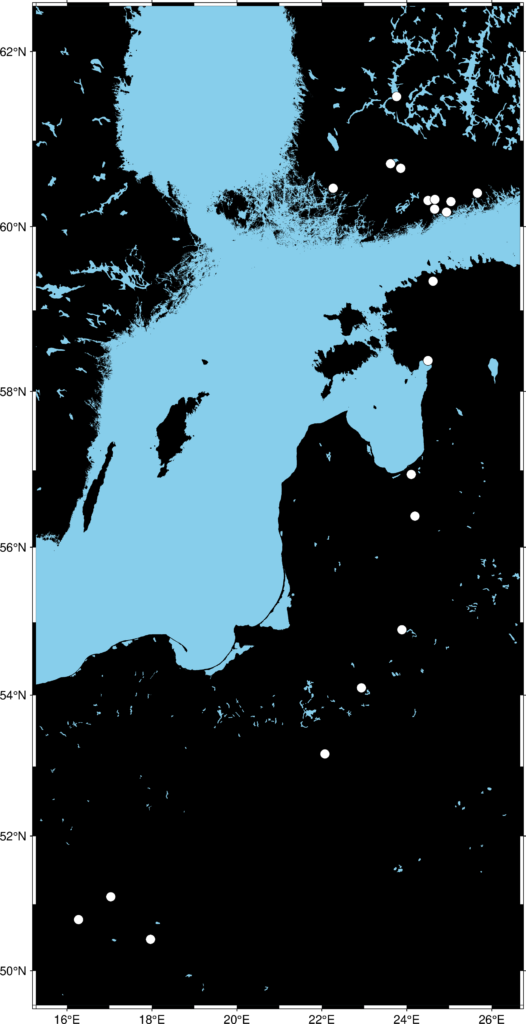 The map of Poland, Lithuania, Latvia, Estonia, Finland and Baltic Sea with points showing were author traveled.