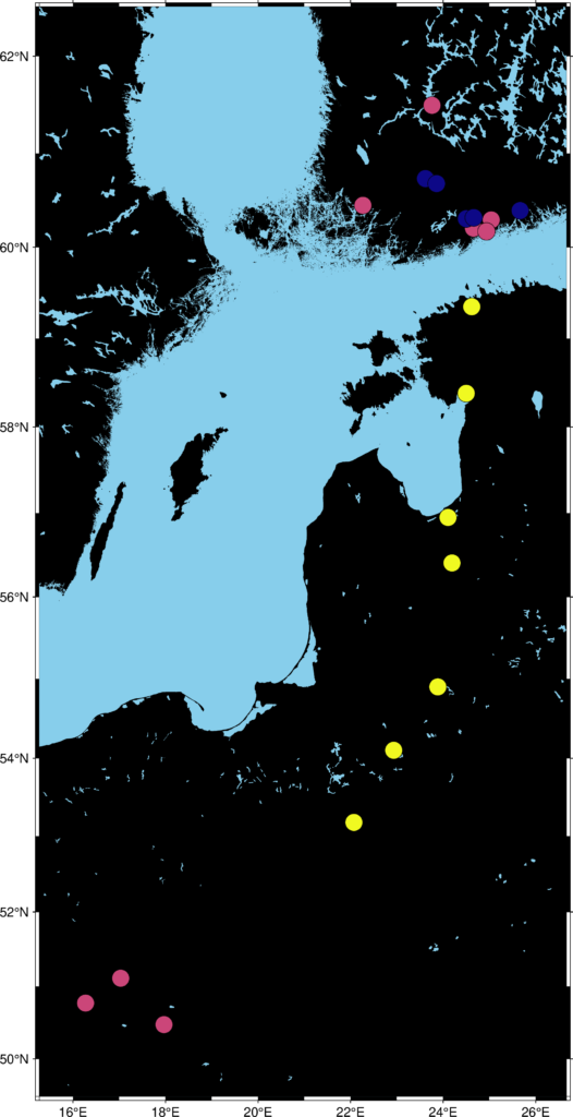 The map of Poland, Lithuania, Latvia, Estonia, Finland and Baltic Sea with points showing were author traveled, but now points have different colors.