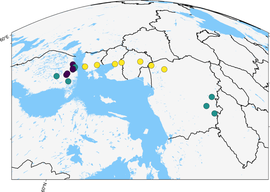 Transformed map with a spherical view on a Baltic Sea region. Points have different colors. Map dimensions ratio is closer to one.